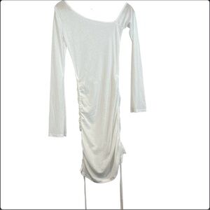 White Long Sleeve Slant Shoulder Semi See-Through Ruched Sided Dress Size Small